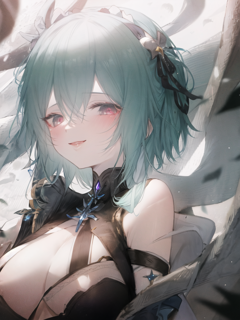 00844-2387737082-, eula _(genshin impact_), purple eyes, yellow eyes, aqua hair, short hair, hairband, large breasts, _ _looking at viewer, blush.png